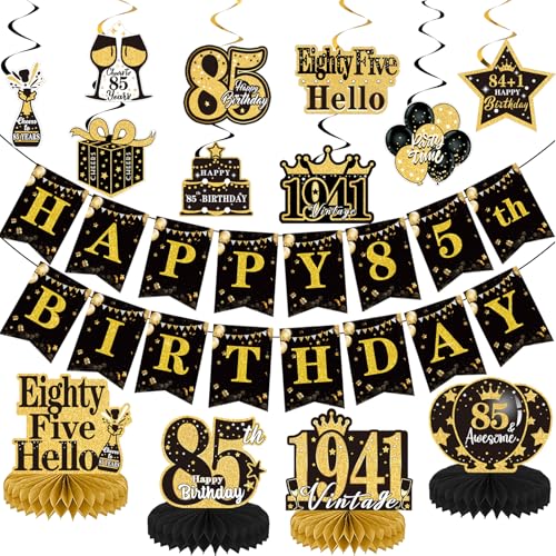 Yoyuspy 85th Birthday Decorations for Men Cheers to 85 Years Banners Hanging Swirls and Honeycomb Centerpieces Black and Gold Birthday Party Decor Women