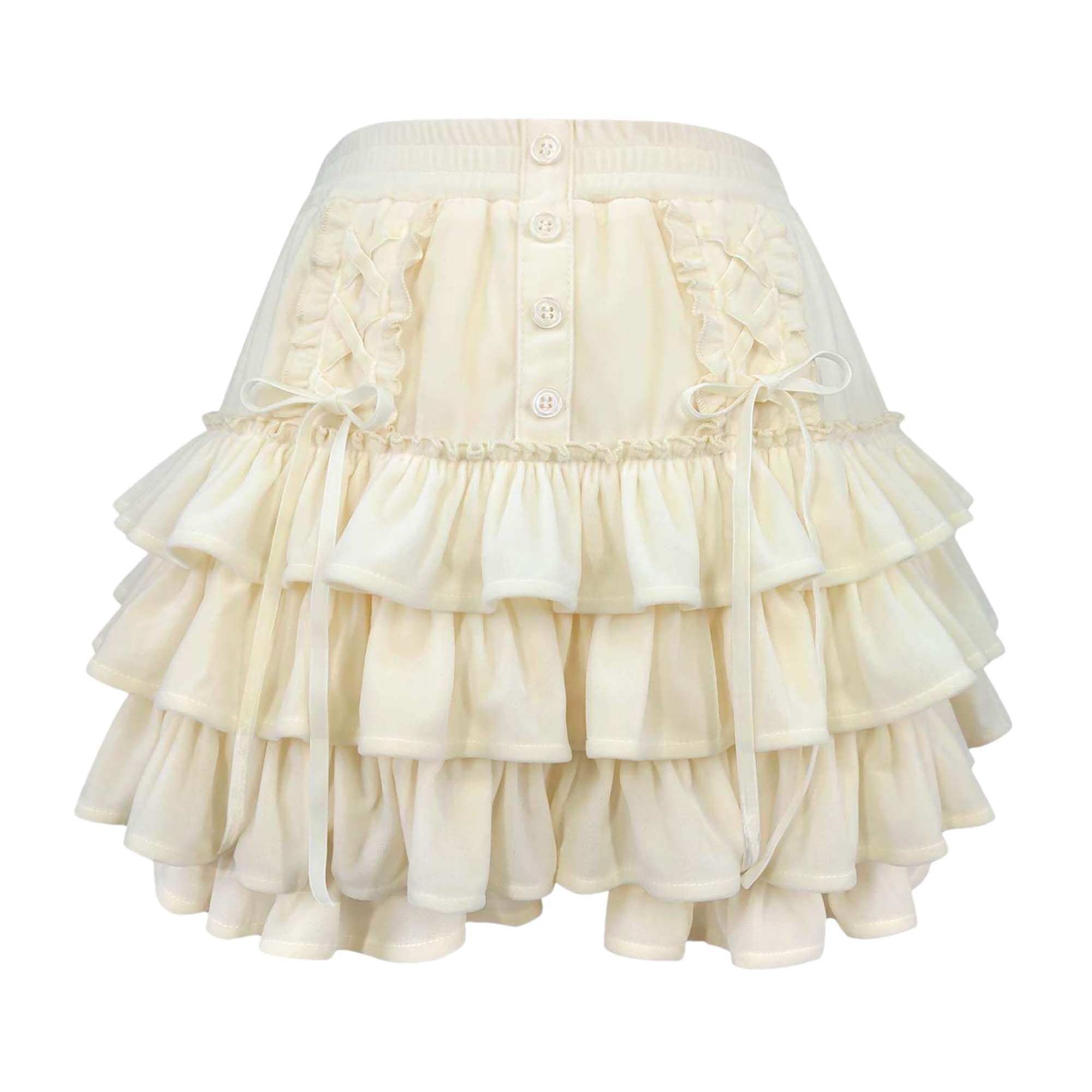 Cuteighteen Women Tiered Ruffle Mini Skirt Teens Skater Lolita Frilly High Waisted Tennis Skort A Line Velvet Cute Skirts (US, Alpha, Large, Regular, Regular, Cream)
