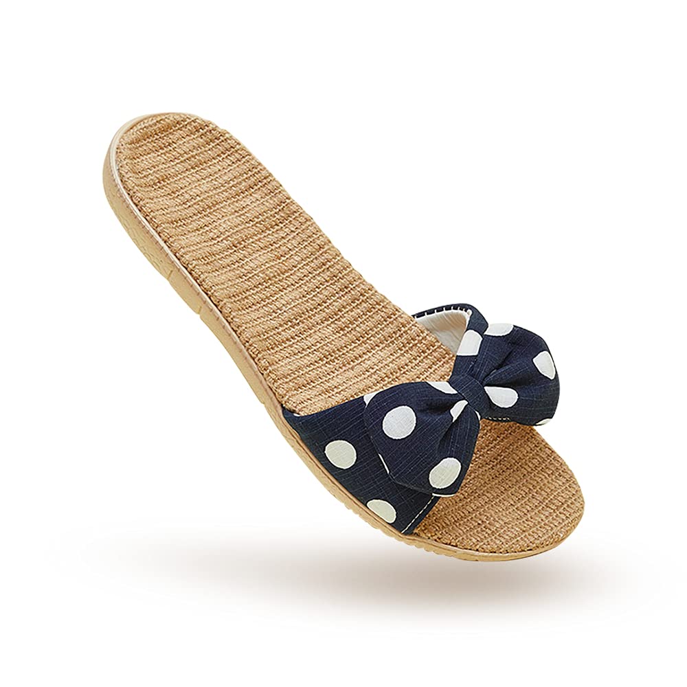 Home Slipper Linen Bow Japanese Style for Woman, Cozy Non-Slip Indoor and Outdoor, White, Navy and Green