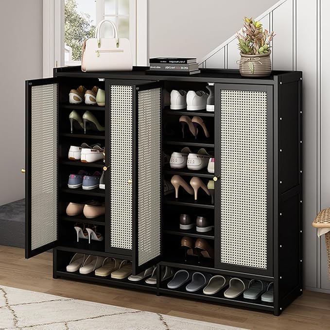 8 Tier Bamboo Shoe Cabinet - Shoe Storage Cabinet with Doors, 40-42 Pairs Bamboo Shoe Storage Rack, Entrance Shoe Cabinet for Hallway Living Room Entryway (Black)