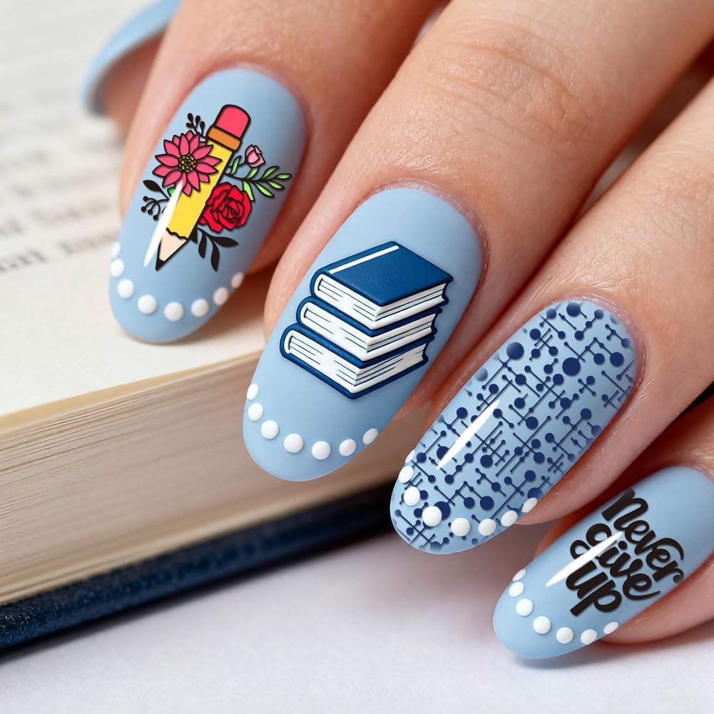 PH PandaHall 4pcs Learning Elements Nail Stamp Plate Books Pens Nail Art Template Stationery Notebook Manicures Stamper Line Texture Nails Image Plate for Back to School Manicure Design Decoration image 5