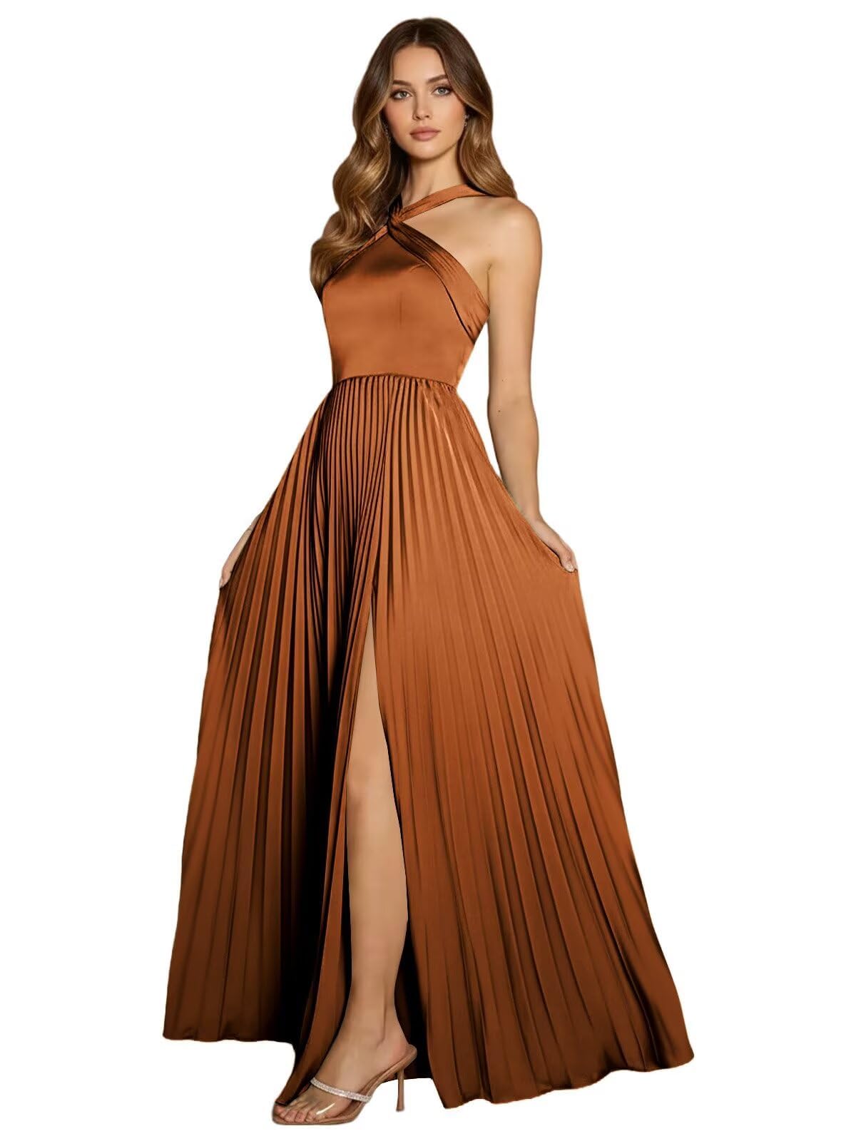 HUINI Satin Brautjungfernkleider Lang ärmellos Plissiert A-Linie Formelles Abendkleid mit Schlitz