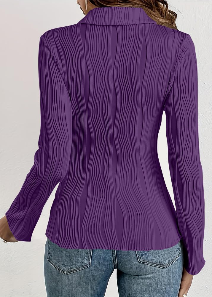 Camicia Plissettata Donna Manica Lunga Curvy Elegante Cerimonia Camice Avvitata Casacca Slim Fit Camicetta Blusa Aderente Chemisier Estiva Tessuto Morbido
