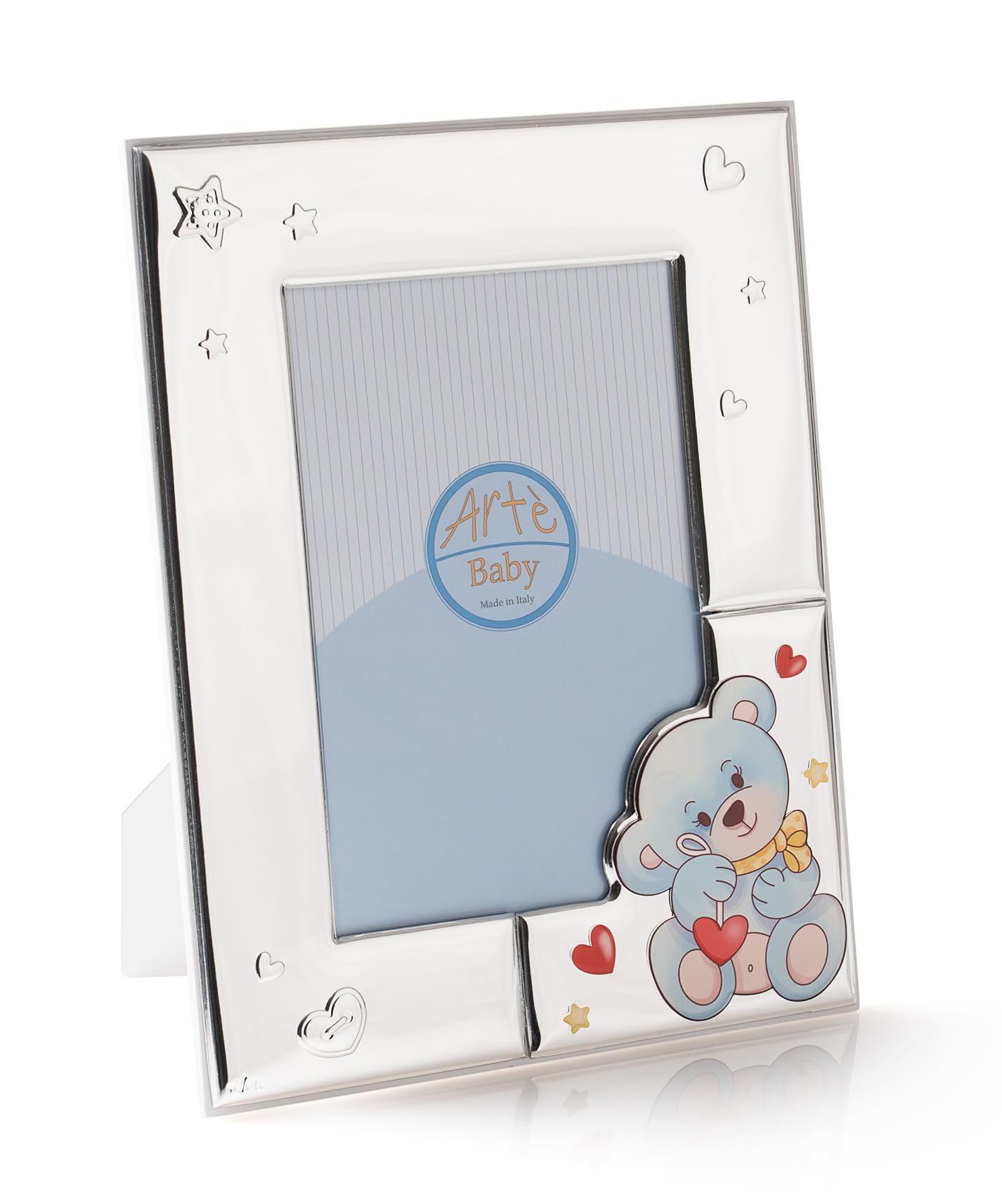 ARTÉ 10x15 Cornice portafoto per BAMBINO, Made in Italy, elegante placcata in argento, Silver Plated antiossidante, Bellissima cornice in Silver Plated con retro in legno laccato bianco E211/CELESTE