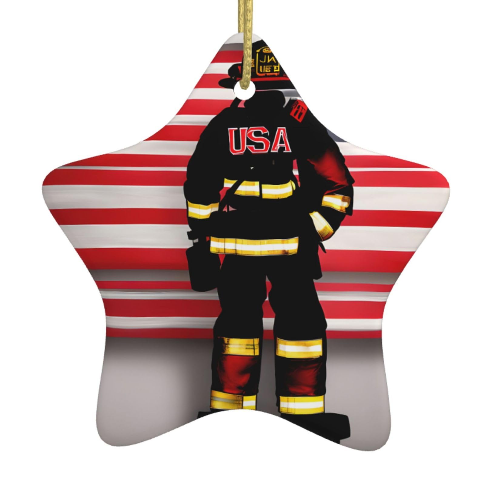 Red Stripe Firefighter Usa Flag Print Christmas Ornaments, Ceramic Hanging Ornament, Round Shape Decorations