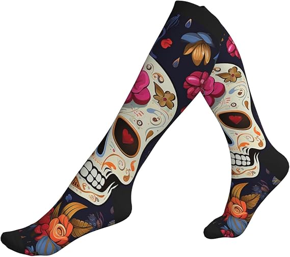 Mexican Halloween Floral Sugar Skull Compression Socks For Women Men 15-20mmhg Graduated Support Circulation Knee High Socks For Nurses Athletic