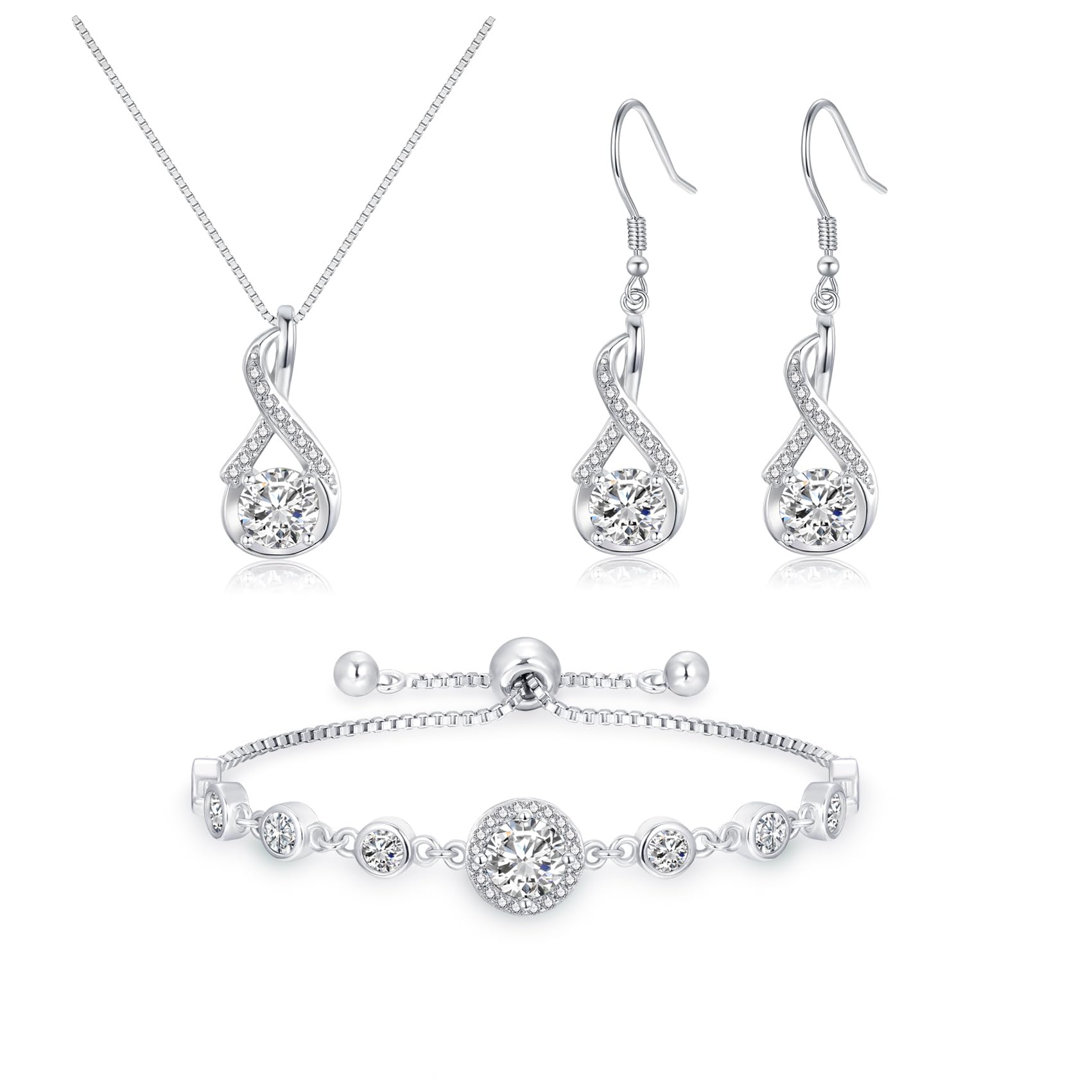Silber Schmuck Set Damen, 925 Sterling Silber Halskette & Ohrringe & Armband Set mit AAAAA Cubic Zirkonia, Unendlichkeit Silberschmuck Damen 925 Hochzeitstag Liebesgeschenk für Braut Frauen