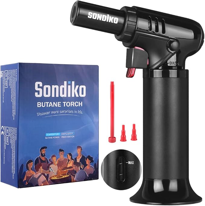 Sondiko Butane Torch with Fuel Gauge S907, Refillable Kitchen Torch Lighter with Safety Lock