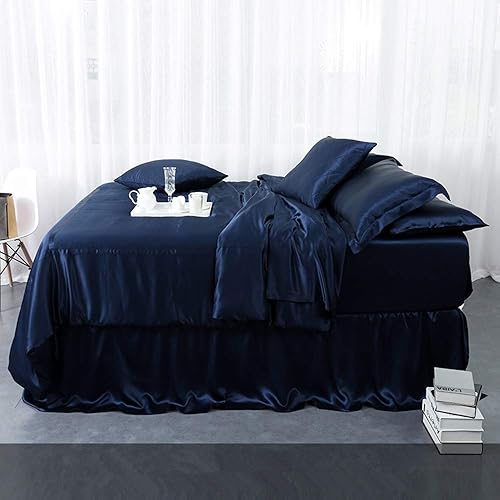 Orose 4Pcs 30 Momme Silk Sheets Set Seamless Custom,Thick, Heavy Silk, Deep Pocket 100% Charmeuse Mulberry Silk Bedding Top Flat Bottom Fitted (Dark Blue, Full) - Dark Blue - Full