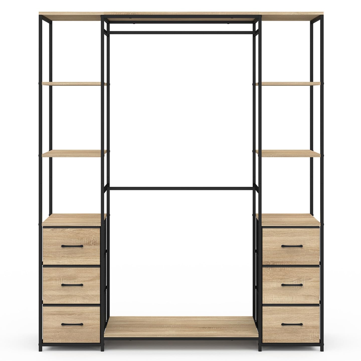 IDMarket - Dressing Double penderie + Double Colonne L. 140 cm Utah avec 6 étagères et 6 bacs en Tissu Bois et Noir