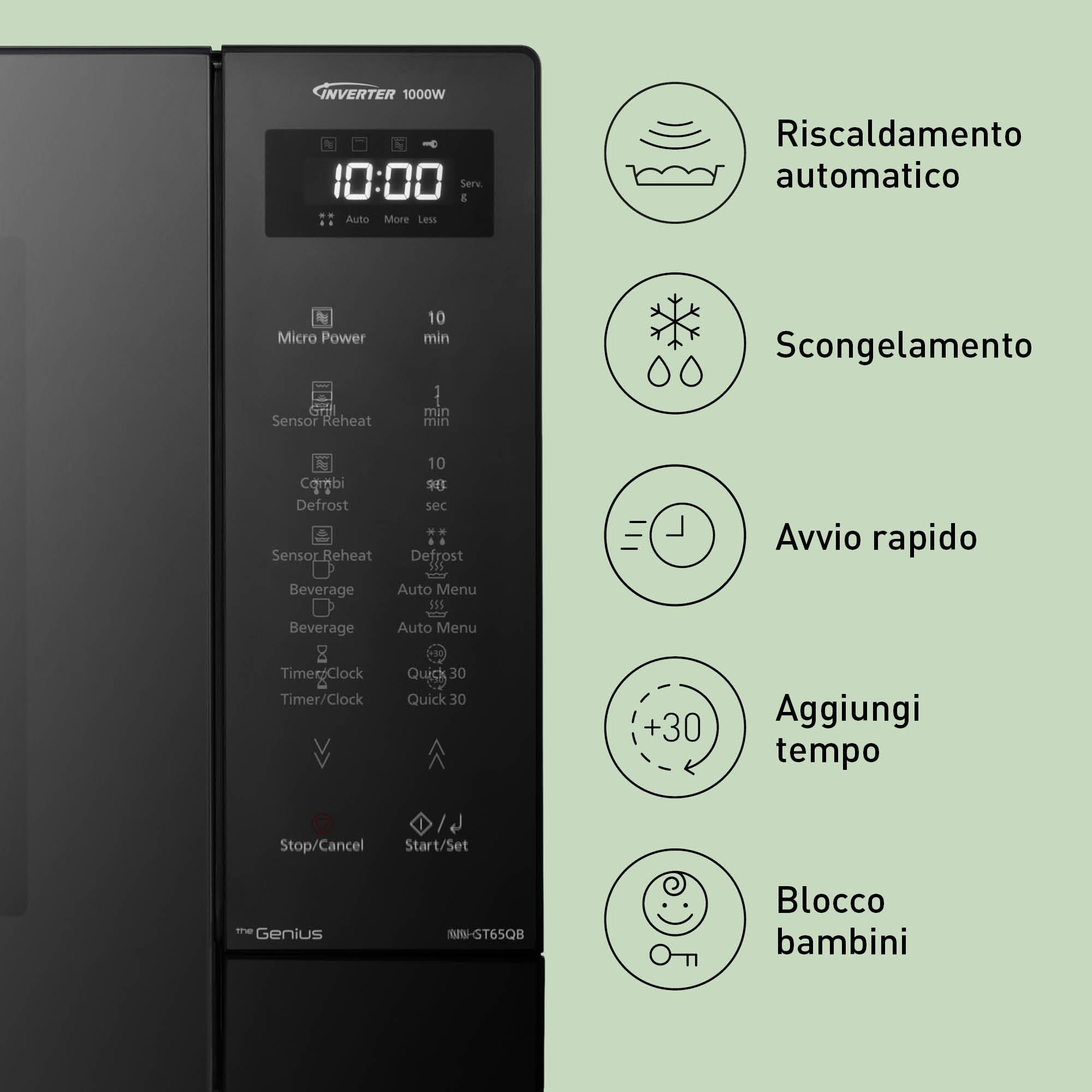 Panasonic NN-ST65QBEPG Microonde Solo Inverter 32L, 1000 Watt Potenza, Tecnologia Genius Sensor, 20 Programmi Auto, Funzione Quick 30, Controllo Touch, Grande Piatto Girevole, Nero