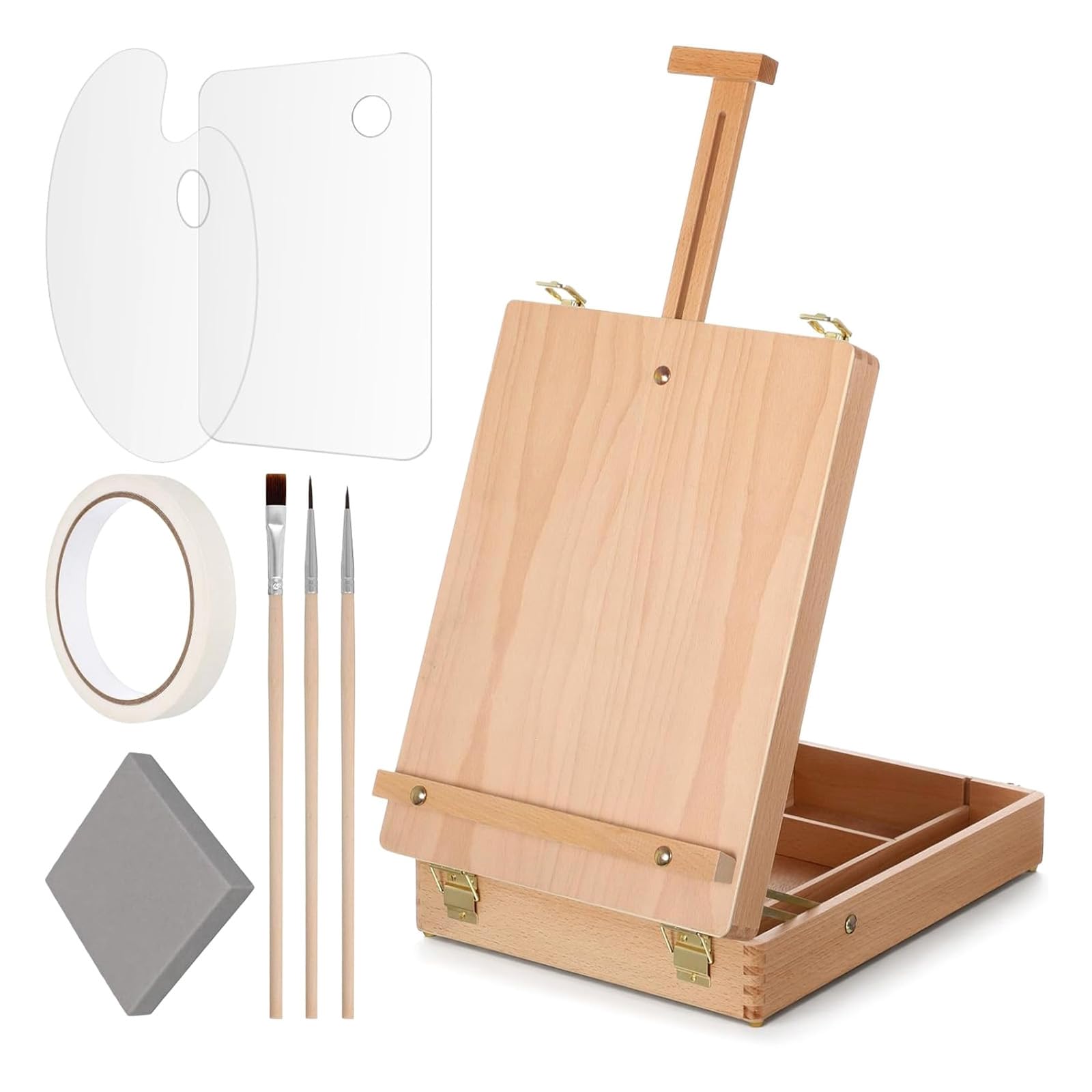 Holz Skizzenkasten, Kunstständer, tragbares Tisch Malset mit verstellbarer Leinwandstütze, geteiltem Stauraum, 2 transparenten Paletten und 3 Pinseln, Desktop Malkasten, faltbarer Kunstständer,