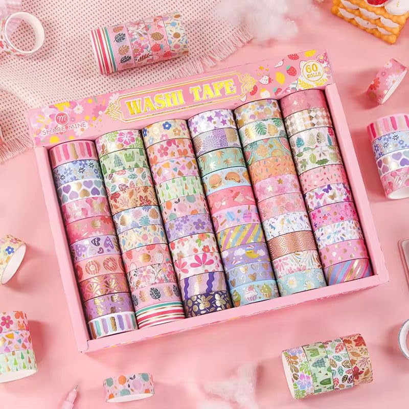 Crafty Cuddle Washi Tape Set, Decorative Craft Tape, Multicolour Floral Pattern, 1.5cm Width 2m Length, 60 Rolls