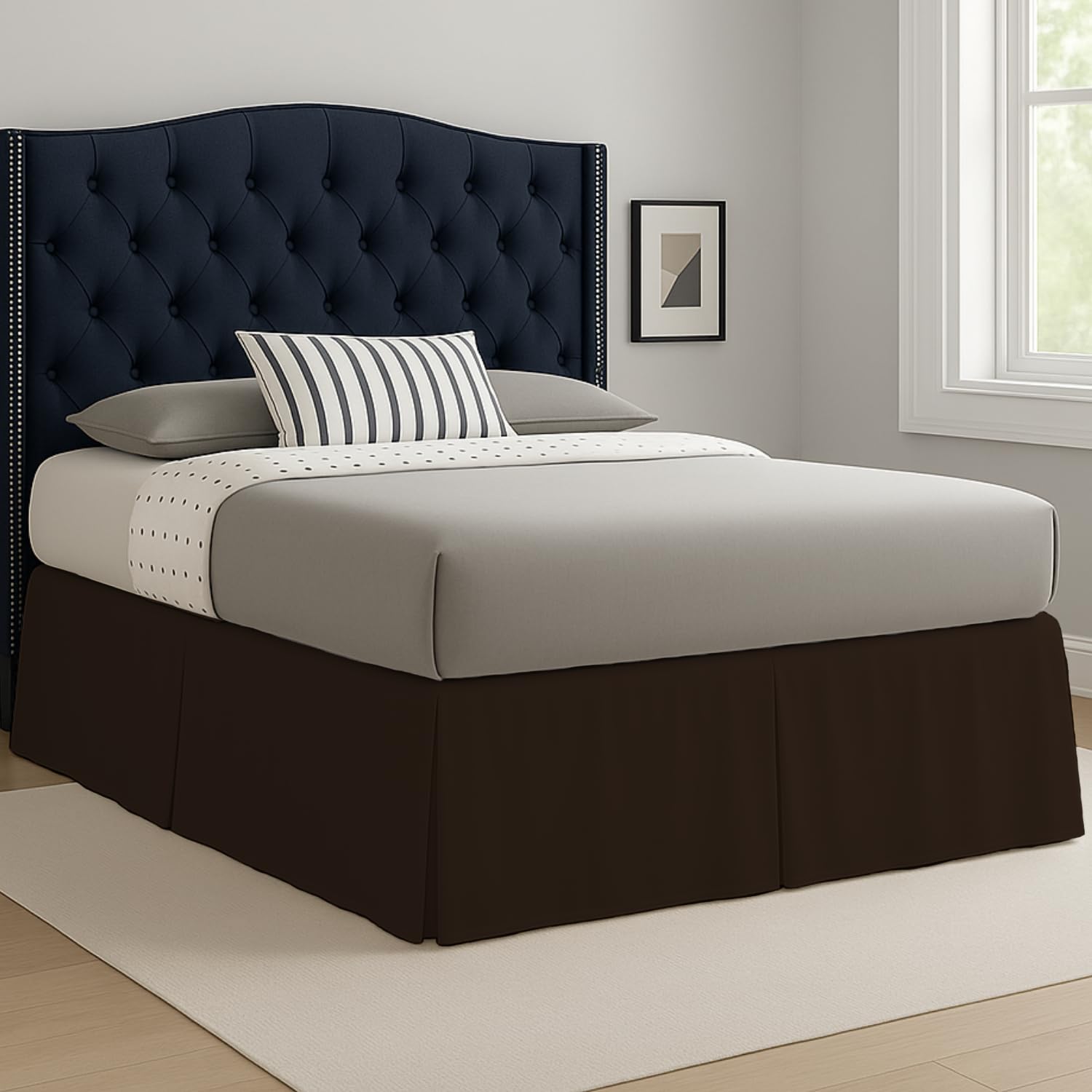 Laam Linen Chocolate Easy Care Plain Dyed Polycotton Pleated Base Valance Sheet Hotel Quality Bedding Sets (, Double)
