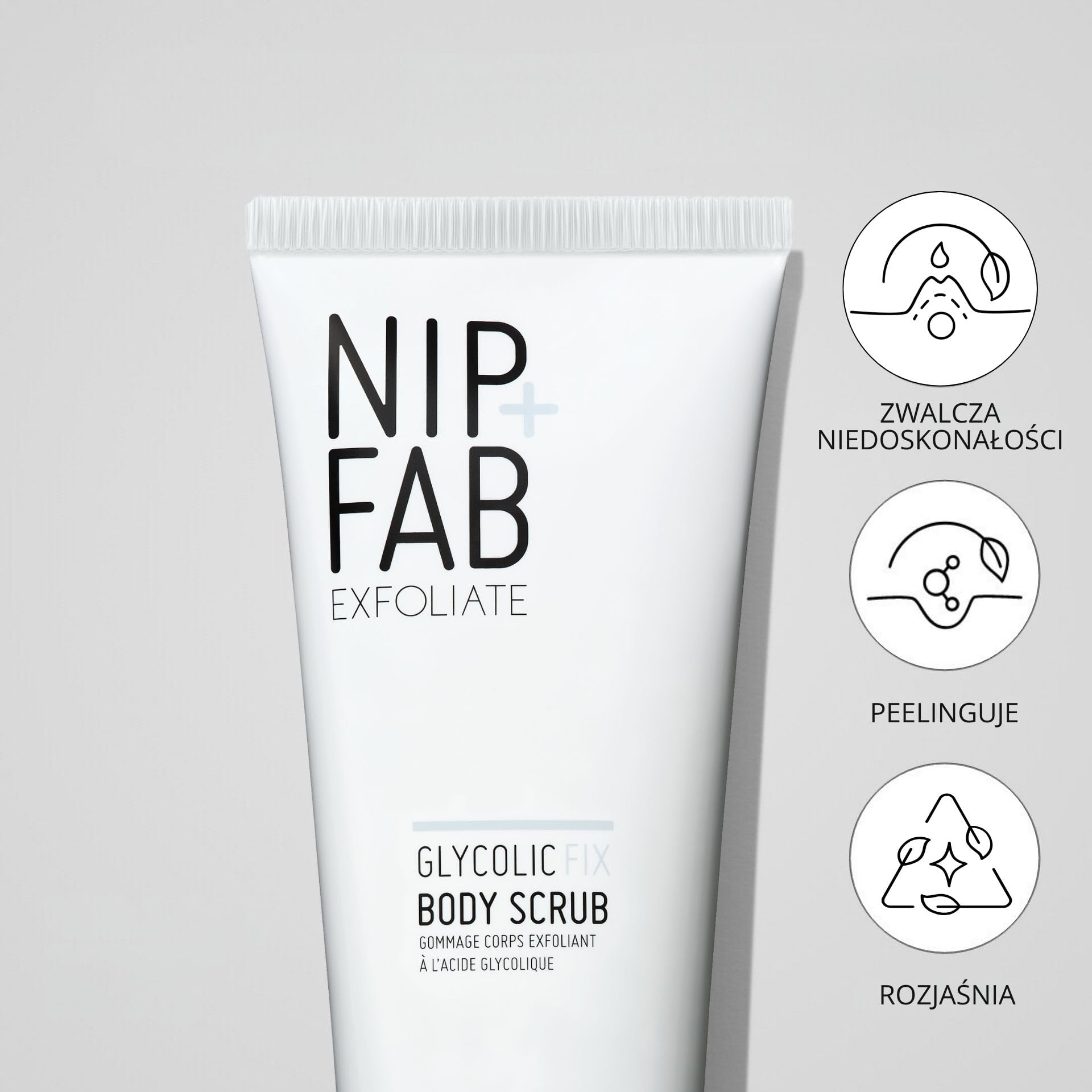 Nip+Fab Glycolic Fix Body Scrub, peeling do ciała, peeling, gładka i promienna skóra, masło shea, białe perły rycynowe, 200 ml