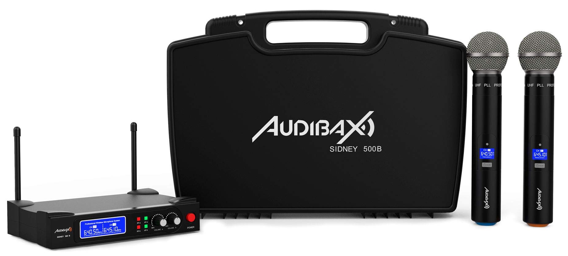 Audibax Sidney 500 B - Sistema Microfonico Wireless UHF - Doppio Microfono Wireless Portatile Professionale - Modulazione Analogica - Include Custodia per il Trasporto - Portata 50 metri
