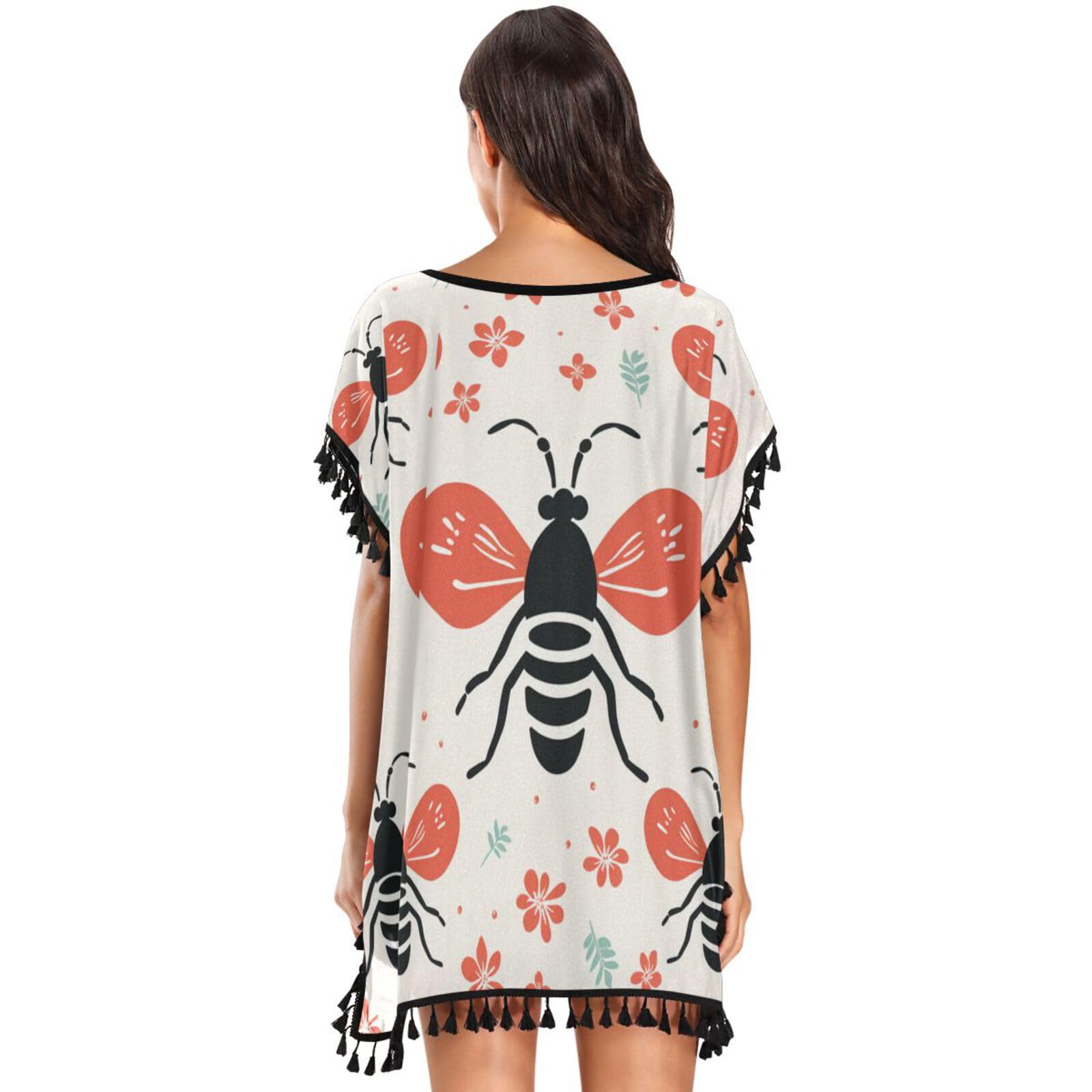 KAAVIYO Chinese Style Bee Flower Women's Beach Cover Up Chiffon Tassel Swimwear Swimsuit Coverups for Girl