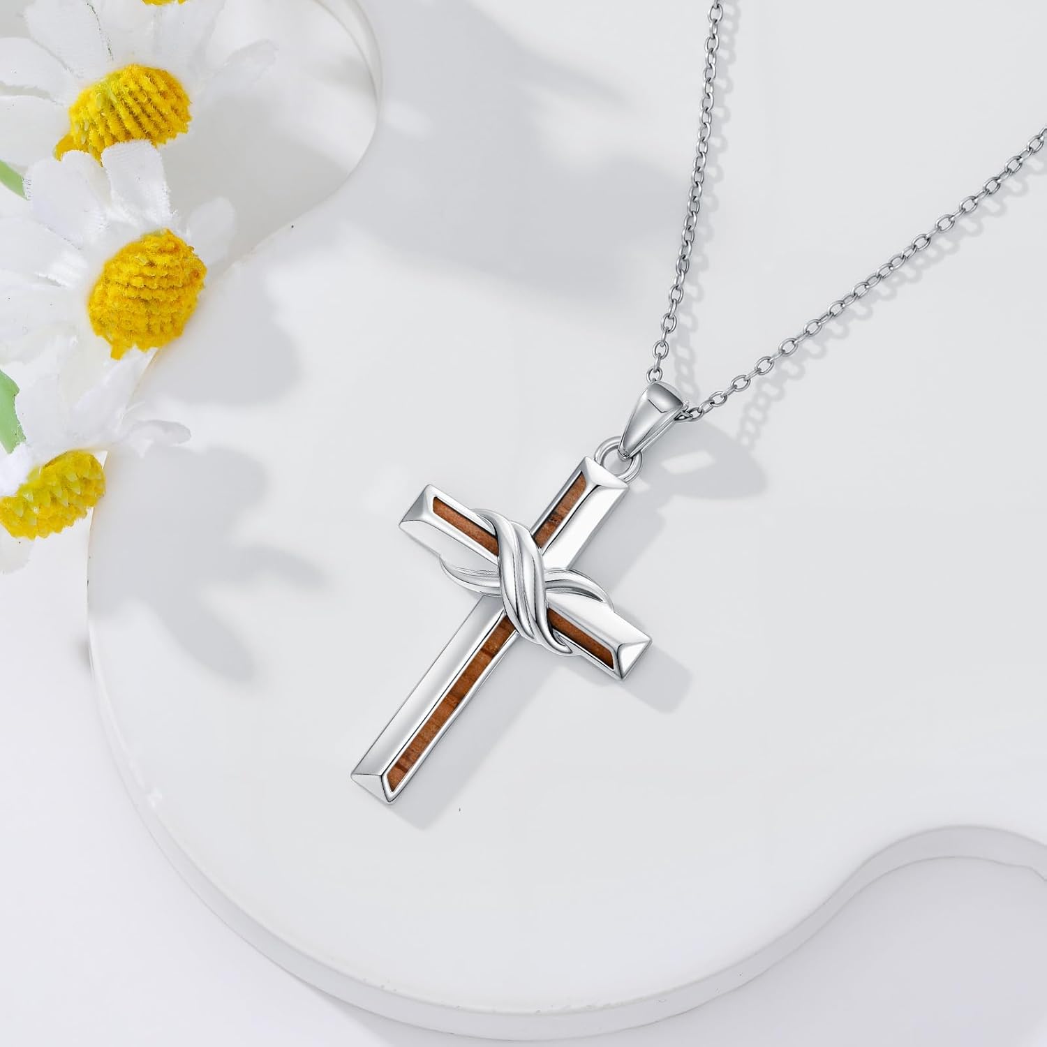 Dorunmo Wooden Cross Necklace 925 Sterling Silver Infinity Wooden Cross Pendant Unique Religious Jewelry Gifts for Women Men - Image 3