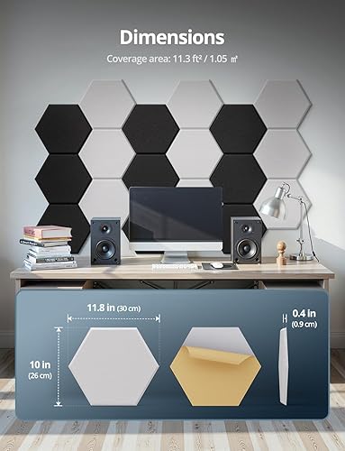 Miniatura 9 de Paneles de pared acústicos hexagonales autoadhesivos, paquete de 18 azulejos absorbentes de sonido para paredes y puertas, panel interior decorativo