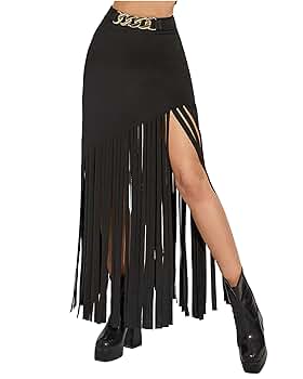 Amazon.com: MATSUMIZUYU Women's Black Fringe Skirt High