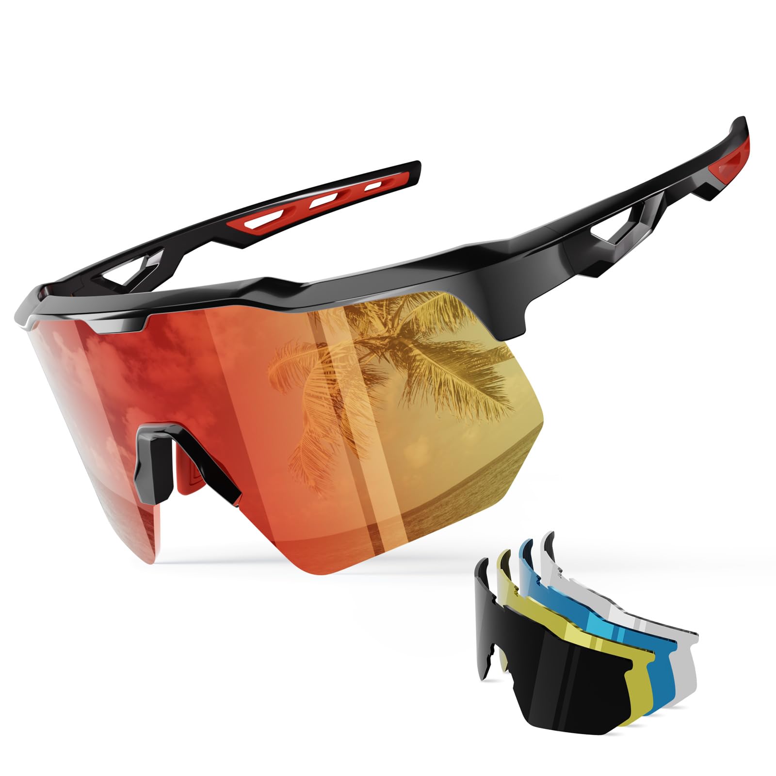 HAAYOT Occhiali da sole sportivi rapidi polarizzati occhiali da ciclismo da uomo e da donna, 5 lenti intercambiabili, protezione UV al 99%, occhiali leggeri TR90 per ciclismo, colore nero e rosso