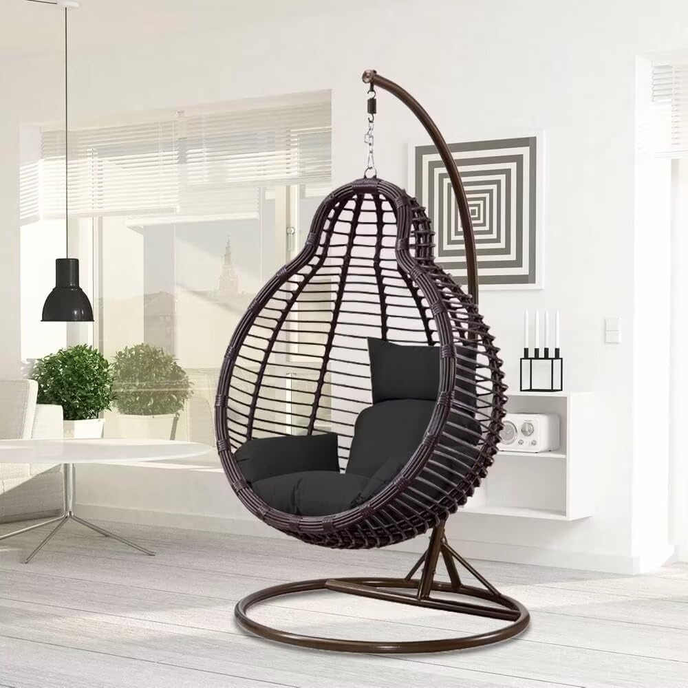Hängesessel für den Außenbereich, mit Kissen, schwarzes Sitzpolster für Schaukelkorb, Stuhl, Innen- und Außenbereich, Terrassenmöbel
