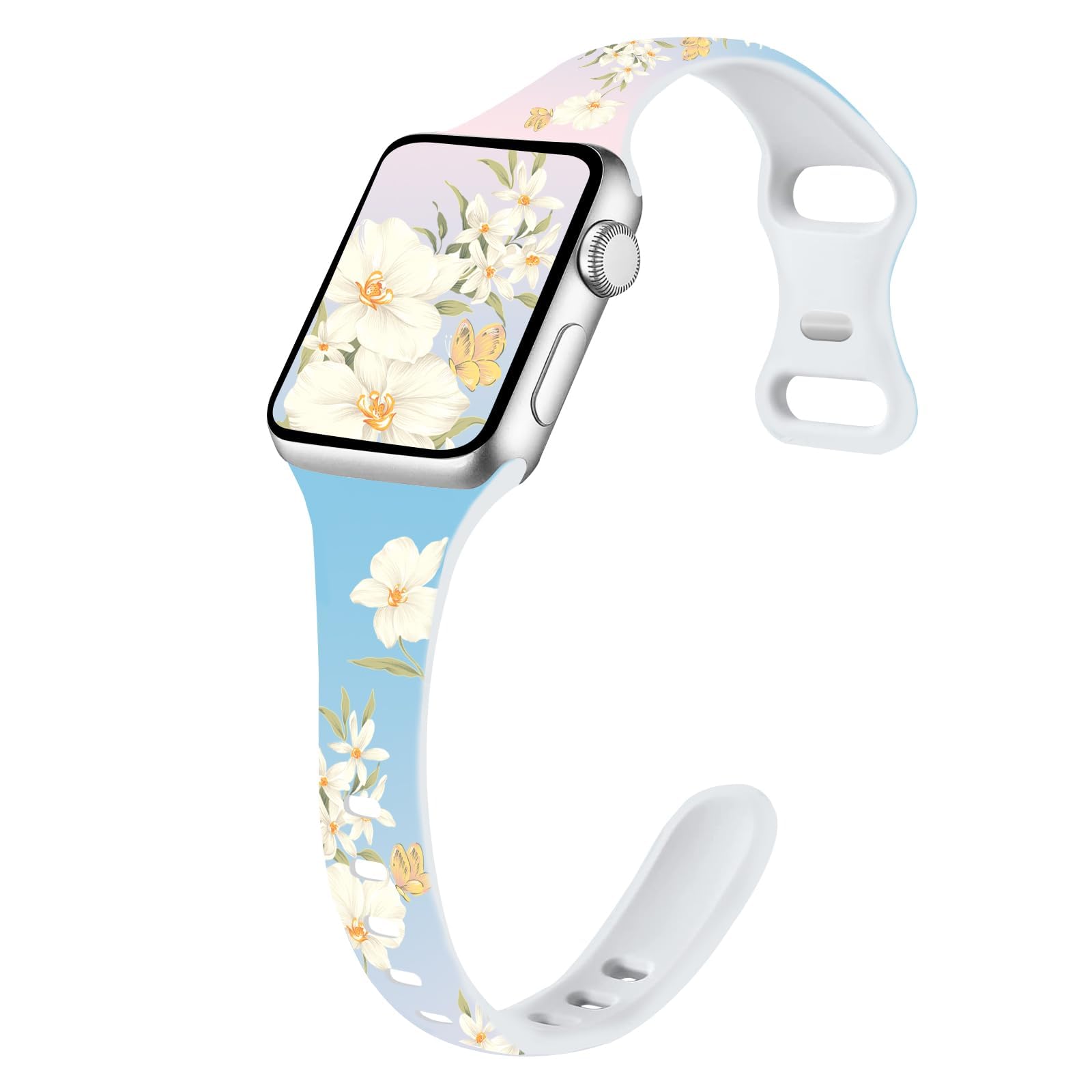 Sport Band Floral Printed Compatible with Apple Watch Bands 49mm 46mm 45mm 44mm 42mm 41mm 40mm 38mm Women, Silicone Flower Printed Fadeless Pattern Design Strap for iWatch Series12 11 10 9 8 7 6 5 4 3 2 1SE