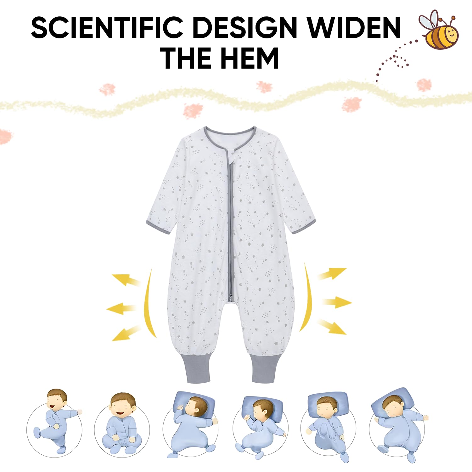 Miracle Baby Sacco nanna estivo con piedi, 0,5 Tog, 100% cotone, per bambini, con maniche, per ragazzi e ragazze, 65-105cm