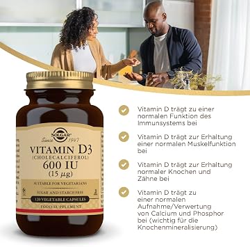 Solgar Vitamin D3 (Cholecalciferol) 15 mcg (600 IU), 120 Vegetable Capsules - Helps Maintain Healthy Bones & Teeth - Immune Support - Non-GMO, Gluten-Free, Dairy Free, Kosher, Halal - 120 Servings