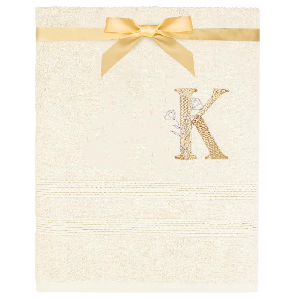 TeddyT's Personalised Initial Luxury Floral Cream Bath Towel with Gold Embroidery
