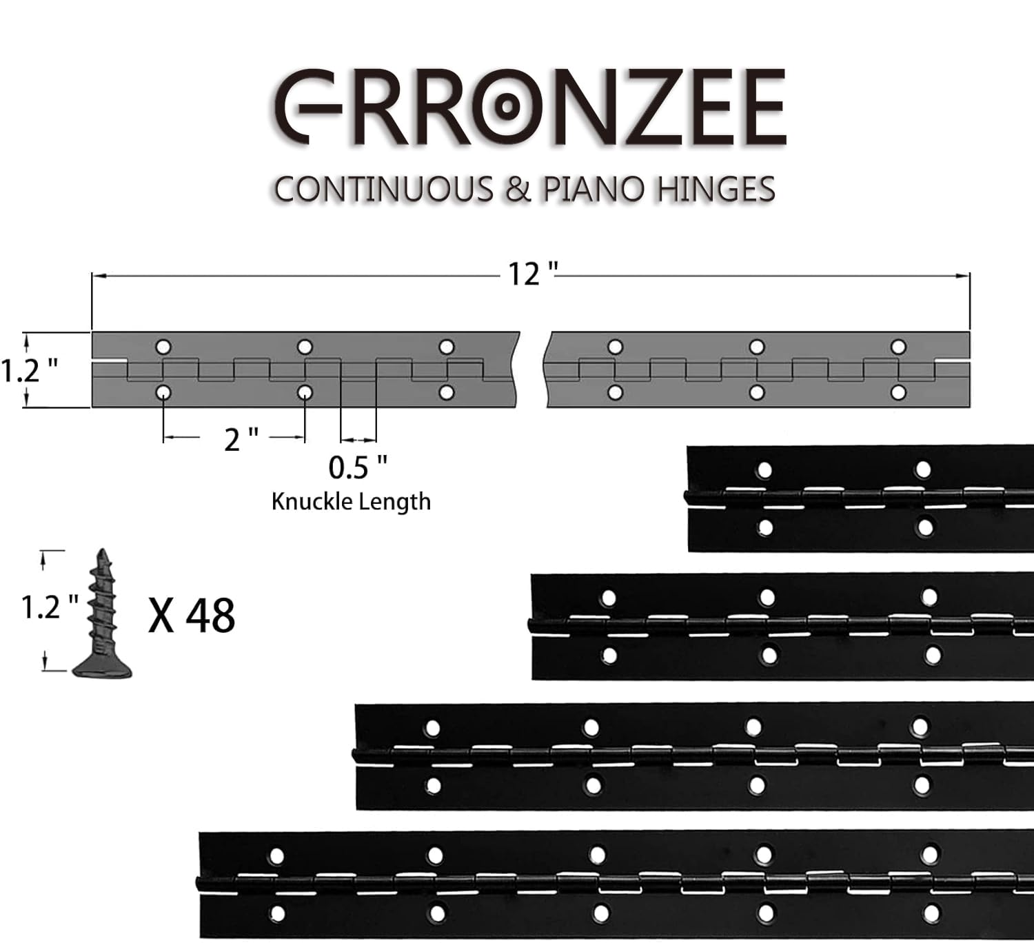 GRRONZEE 4PCS Black Piano Hinge 12 Inch Heavy Duty Stainless Steel Continuous Hinges with Mounting Screws for Boat Cabinets Storage Box, 0.04