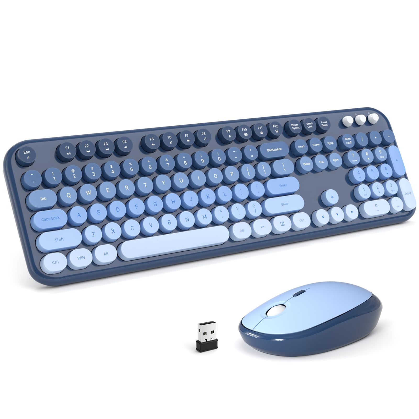 MOFII Wireless Keyboard and Mouse Combo, Full Size 2.4G Retro Round Computer Keyboard and Mouse Set, Plug and Play, for Windows, Computer, Desktop, PC, Notebook - (Sea Blue Gradient)