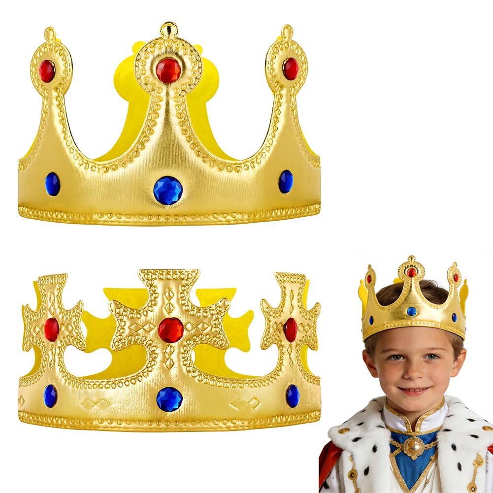 AOOWU King Crown for Kids Set,2-Piece Gold Prince Crown with Gems & Cross, Adjustable Hook and Loop Fastener Childrens Costume Crown for Dress Up Play, Themed Birthday Party, 57.5cm