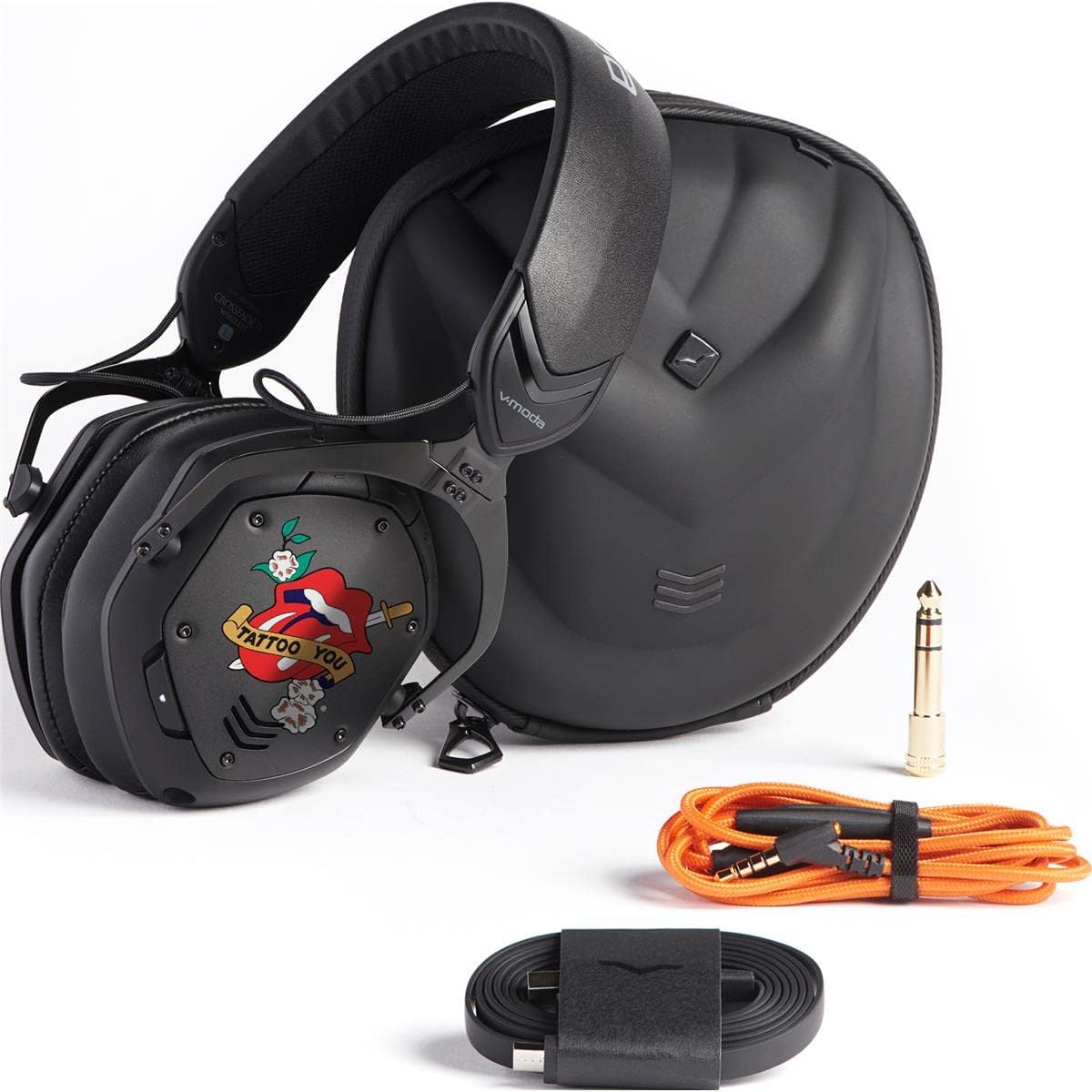 Contents of the V-MODA Crossfade 2 Wireless headphone box, including headphones, case, and cables.