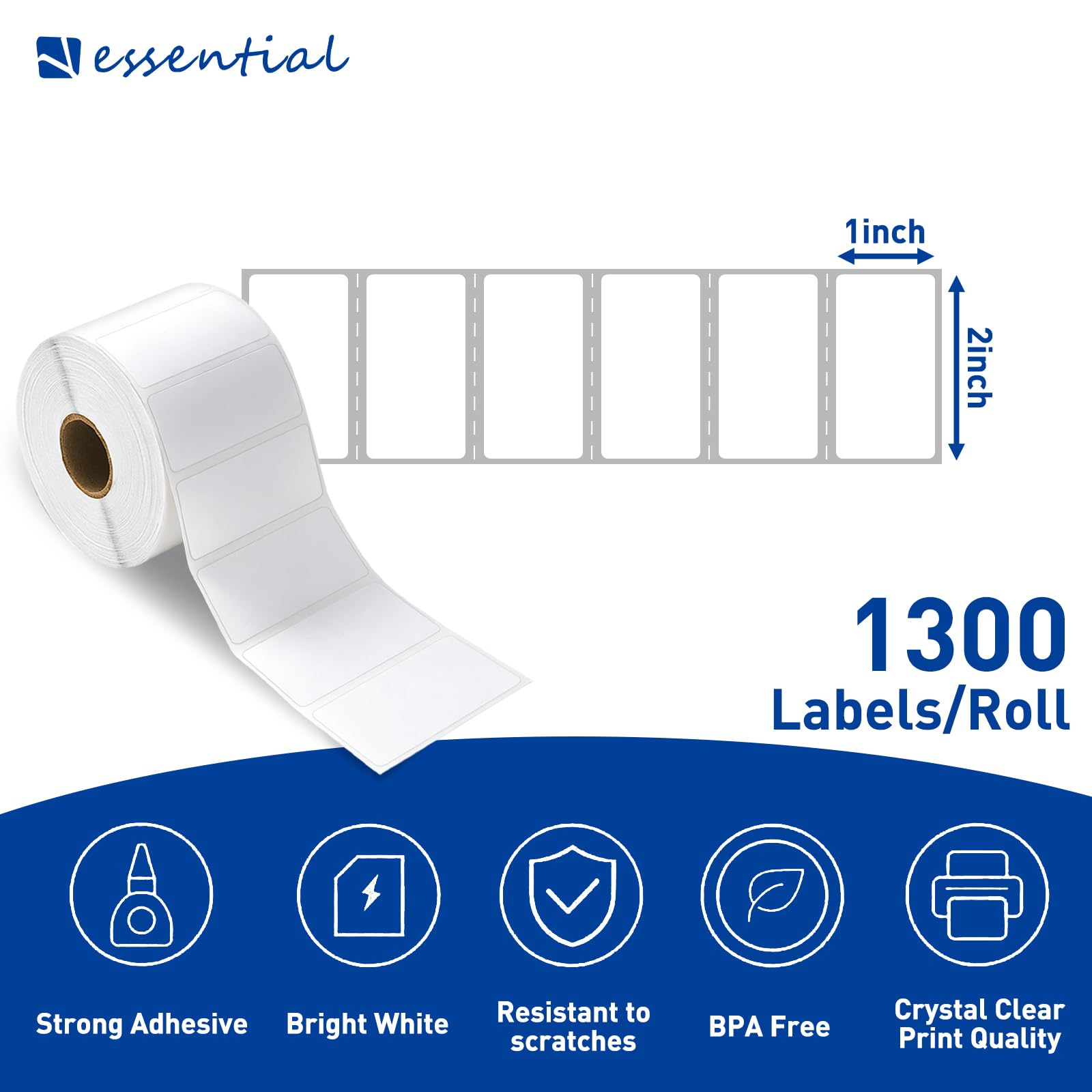 ESSENTIAL Thermo-Barcode-Etiketten, selbstklebend, Beschriftung, 5,1 x 2,5 cm, wasserdicht und öldicht, kratzfest, 1300 Etiketten mit Rolle