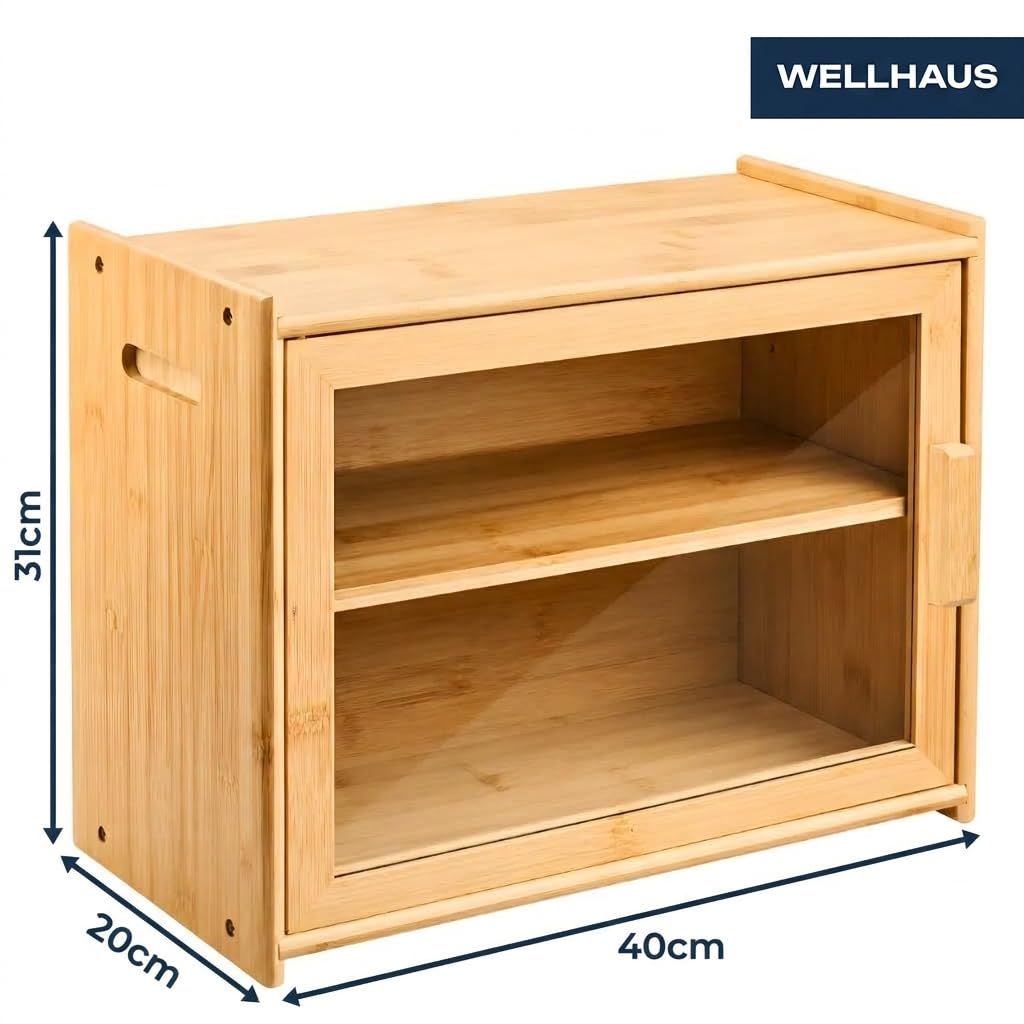 Brotkasten - Brotbox aus Bambus mit 2 Etagen, große Brotaufbewahrung mit Sichtfenster, Brotbehälter 40 x 20 x 31 cm, Aufbewahrungsbox für Brot Brötchen und Gebäck, Natur