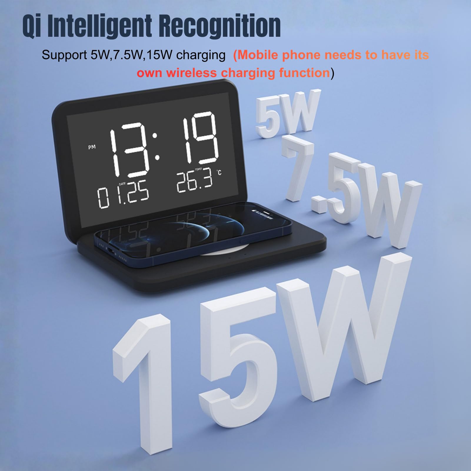 Sveglia Digitale con Stazione di Ricarica Orologio da Comodino Pieghevole 4 in 1 con Termometro Caricabatterie Wireless da 15 W, Sveglia con Ricarica Wireless Display a Specchio (Nero)