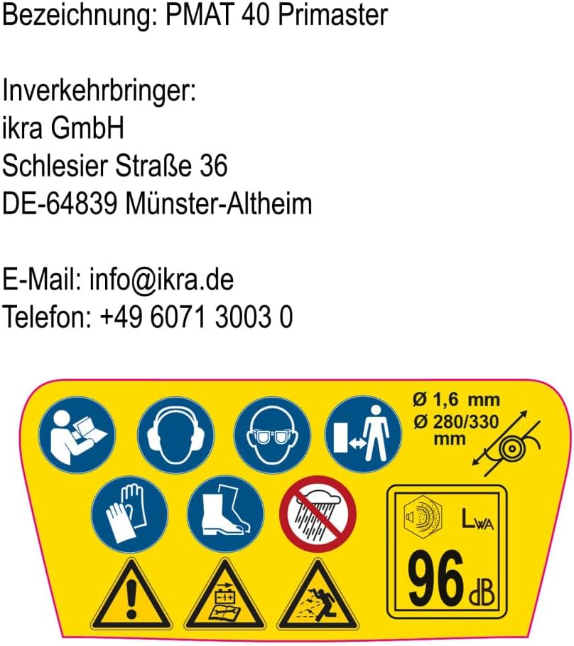 Safety symbols and manufacturer information for Primaster PMAT 40V Cordless Trimmer