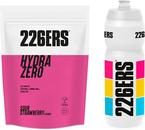 226ERS Pack Hidratación - Lote de Bebida de Electrolitos Hydrazero Drink de 225g (Sabor Fresa) y Bidón Oficial Superlight de 750ml - Bebida Hipotónica con Sales Minerales, Sin Azúcar, Sin Gluten