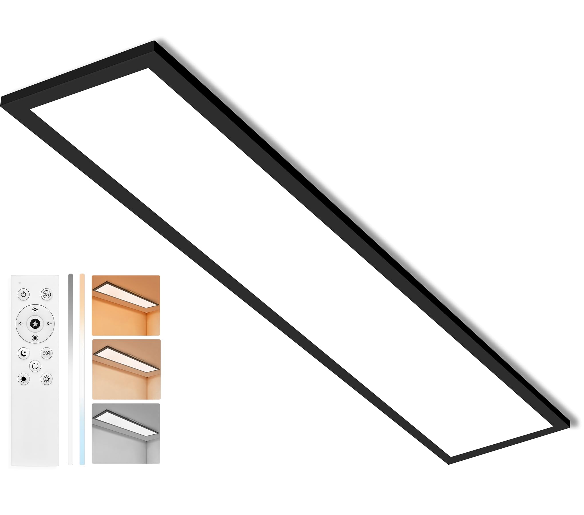 YindaLux Panel LED 120 x 30 cm, 40 W, 4000 lm, panel LED, ściemniana lampa sufitowa z pilotem, 2700 K-6500K, lampka nocna + funkcja pamięci, do kuchni, biura, salonu, korytarza, czarny