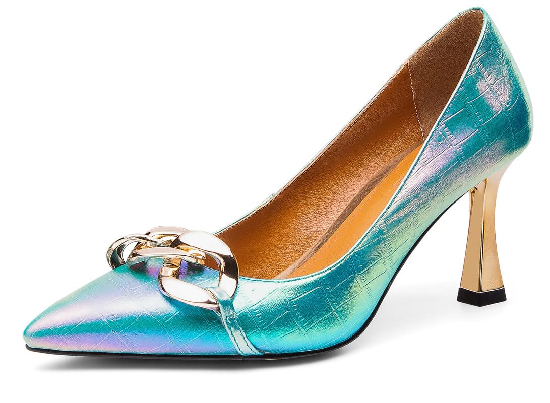 Zapatos de mujer de piel auténtica con puntera puntiaguda, tacón de aguja con tacón alto de 2.95 pulgadas, hechos a mano, zapatos de negocios para mujer, talla grande w9033s
