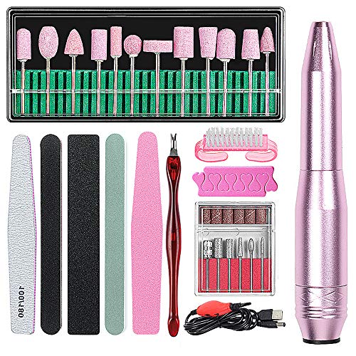 Professional Electric Nail Drill Set for Acrylic Nails Portable Handpiece Manicure Pedicure Polishing Shape Tools Design with 12 PCS Quartz Pink and 6PCS 3/32 Nail Bit Set