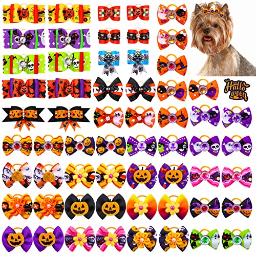 Senniea 60PCS Halloween Pet Hair Bows, Rhinestones, Pumpkins, Skulls, Bats, Ghosts, Dog Hair Bows with Rubber Bands, Halloween Puppy Bows (Halloween)