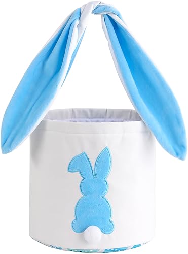 Miniatura 6 de MONOBLANKS - Cesta de lona y algodón para niños, para cazar huevos de Pascua y llevar regalos, con diseño impreso de conejo de Pascua con cola Azul