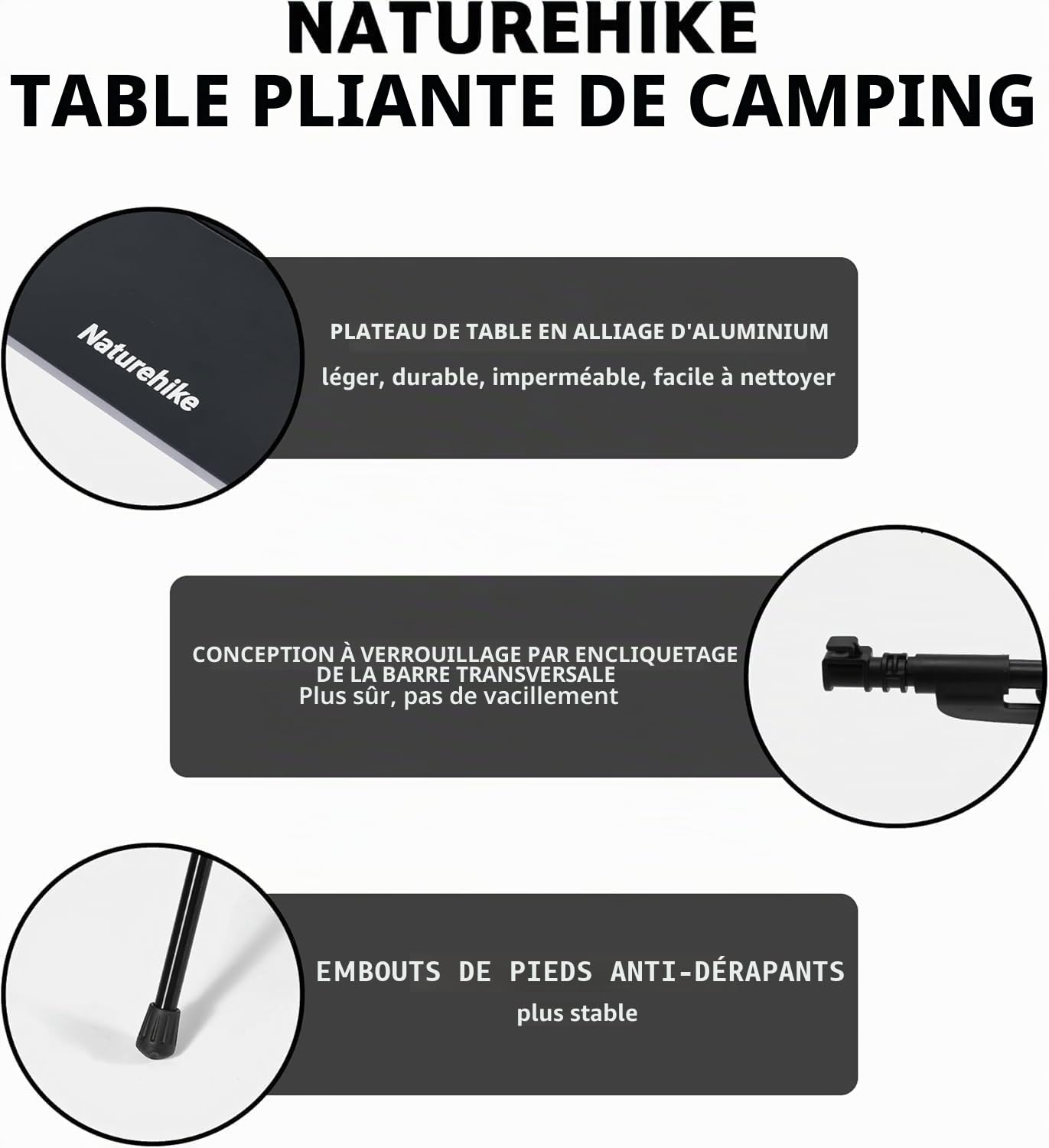 Naturehike Table de camping pliante en aluminium - Table de camping pliable légère pour pique-nique, fête, jardin, randonnée, voyage - Avec sac de transport pour
