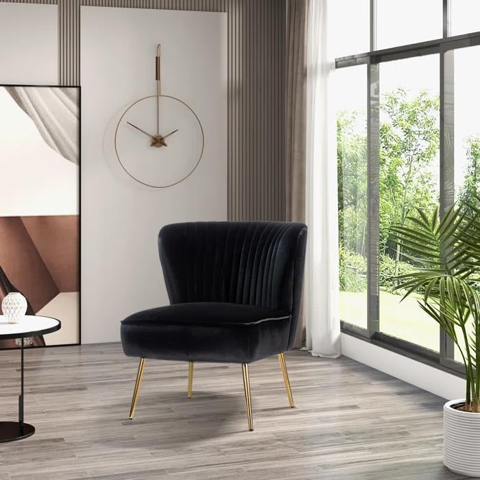Image of Modern Upholstered Accent Velvet Chair Single Seater Channel Tufted Wing Back Chair with Golden Matel Legs for Living Room, Bedroom, Dining Room, Black