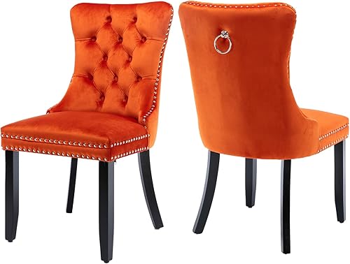 Miniatura 53 de Juego de 6 sillas de comedor marrones, sillas de comedor tapizadas con tela de lino acolchada con capitoné, con respaldo alto, ribete de tachuelas y