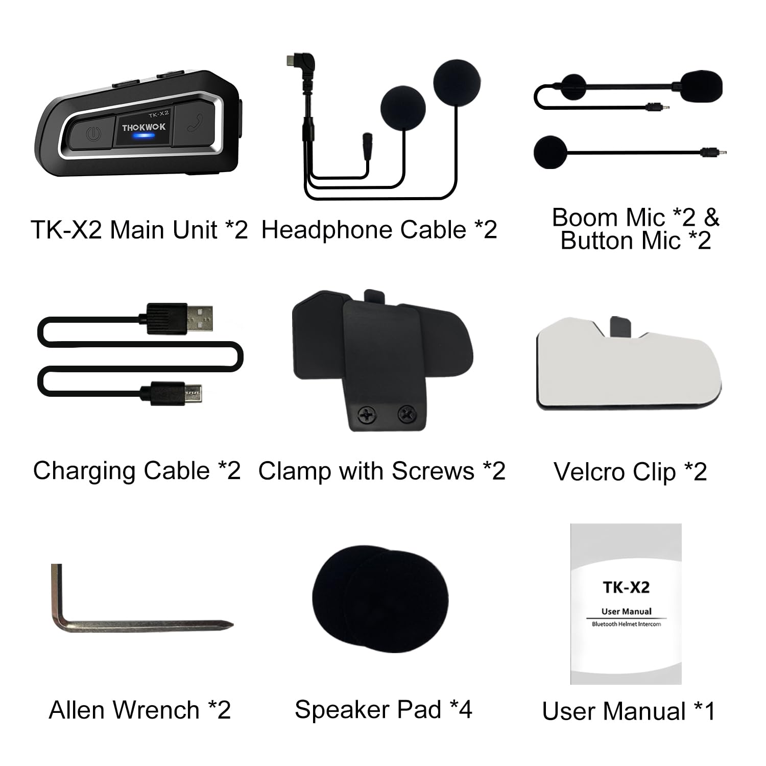 Interfono Moto Bluetooth Coppia, 2x TK-X2 Auricolari per Casco Moto 3 Motociclisti, Cuffie per motociclo 1000M Sistema di Comunicazione con Suono Stereo Hi-Fi/Radio FM, per Motoslitta/ATV