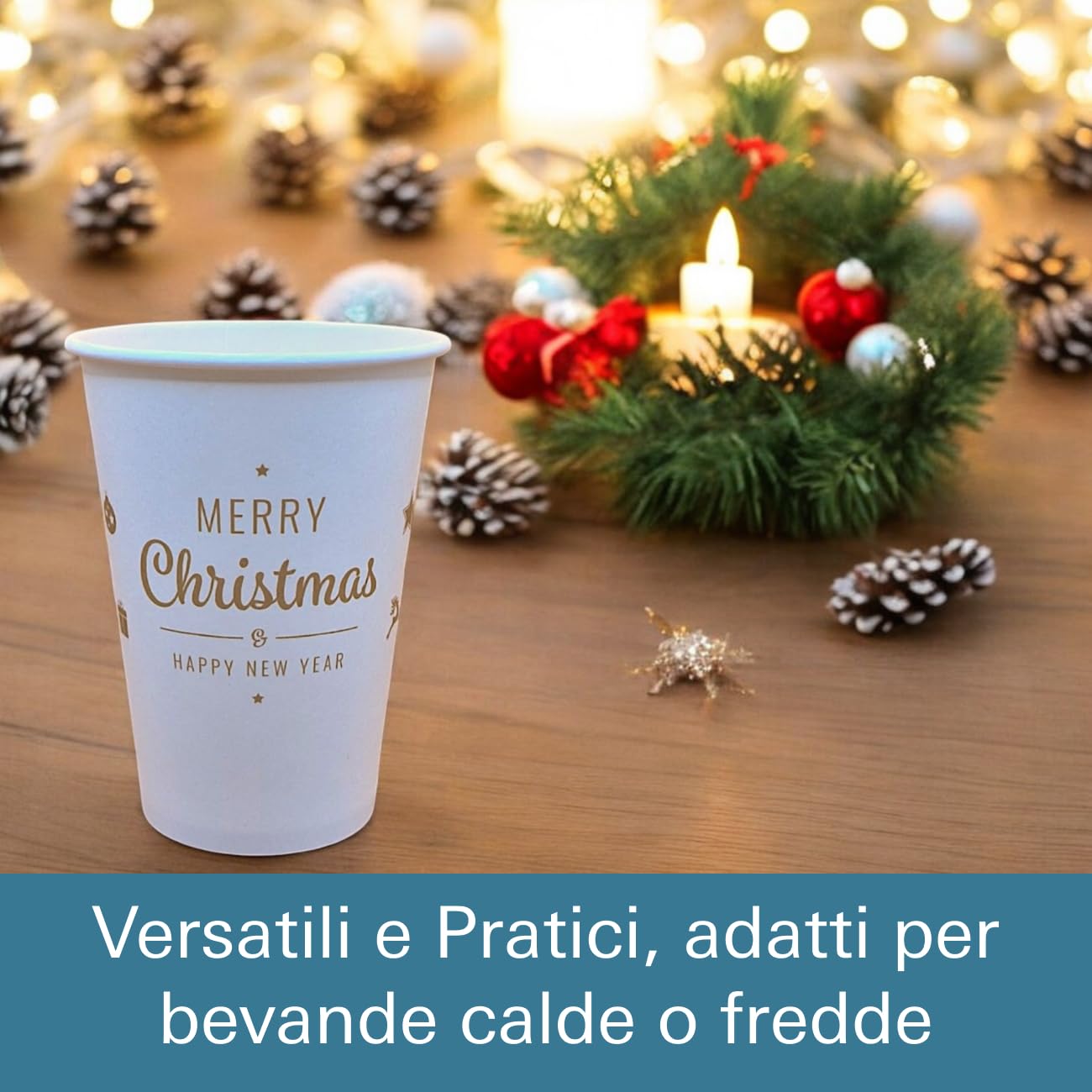 Mecup Bicchieri in Carta Natalizi, Bicchieri Monouso Biodegradabili, 500 Pezzi, Tazza Caffè di Natale 200 ml, Usa e Getta, Per Bevande Calde e Fredde, Fantasia Natalizia. Fantasia: Bianco