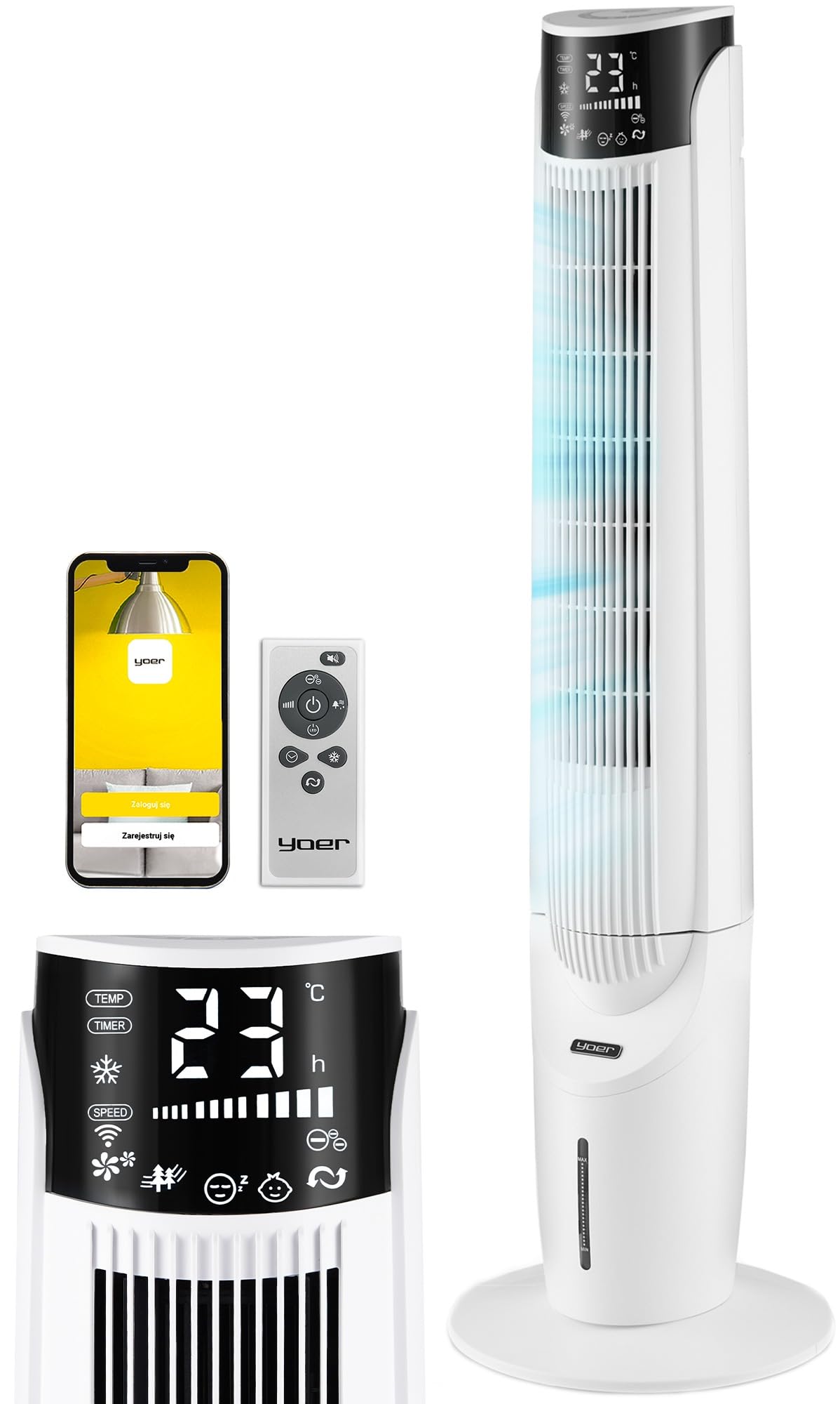 Yoer Luftkühler mit Wasserkühlung, 6-in-1 Ventilator, Luftbefeuchter, Ionisator, Luftreiniger, Aromatherapie, Mobile Klimageräte Air Cooler 3L, 1638 m³/h Luftstrom, 60 W, Weiß, Cascado TFC06W
